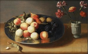Peaches, Pears, Nuts And A Vase Of Carnations On A Table Top — Jacob Foppens Van Es