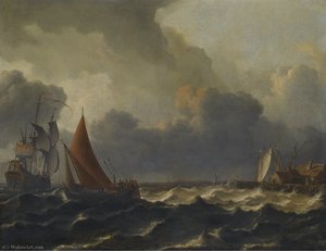 A smalschip closed hauled in a stiff breeze with a flagship offshore to the left and a jetty to the right