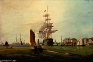 Royal naval three-decker, running into harbour, with other ships of the royal navy beyond