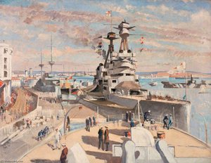 From Hms 'caesar' Hms 'superb' At Constantinople, Hms 'lord Nelson' And The French 'diderot' In The Distance With Seaforth Highlanders Marching Along The Quay — Philip Connard