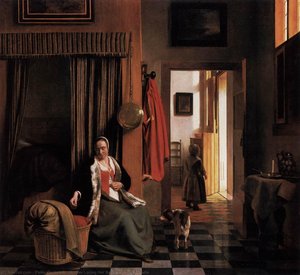 Mother Lacing Her Bodice beside a Cradle