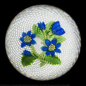 Blue Gentian Bouquet on Latticinio Paperweight