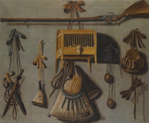 A trompe l'oeil still life of a bird cage with hunting paraphernalia