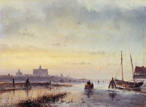 Winter Scene At Leiden Sun — Andreas Schelfhout