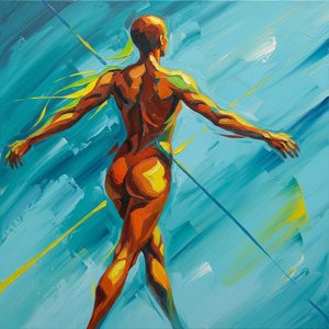Ephemeral Embrace: Saffron Contours Against Azure Currents Of Unseen Energy — Christian Noiret, Contemporary Abstract Painting