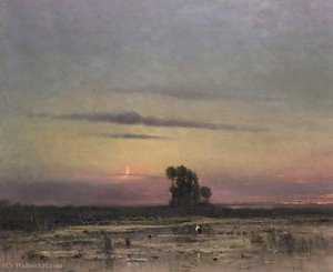 Moonlit Landscape With Stork — Bela Spanyi