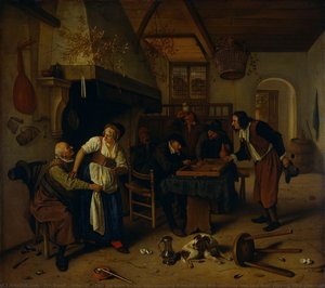 Interior Of An Inn With An Old Man Amusing Himself With The Landlady And Two Men Playing Backgammon, Known As "two Kinds Of Games", Jan Havicksz. Steen, 1660 - 1679 — Jan Havickszoon Steen