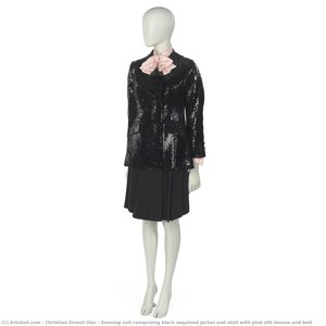 Evening Suit Comprising Black Sequined Jacket And Skirt With Pink Silk Blouse And Belt — Christian Ernest Dior