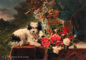 Camellias and a terrier on a console