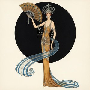 Cerulean Drapery And The Golden Peacock Fan — Valentin Laurent De Courcey, Art Deco