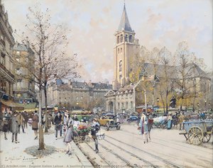 A Bustling Street At L'eglise De St-germain-des-prés, Paris. — Eugène Galien-laloue