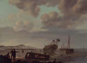 A beached three-master with beachcombers along the shore