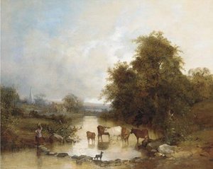 Cattle Watering At The Stepping Stones — Edward Charles Williams