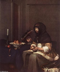 Woman Peeling Apple — Gerard Ter Borch, Baroque Painting