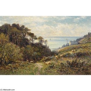 Coastal Ravine With Sheep Grazing — Alfred I Glendening