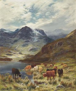 Highland Cattle Watering Beside A Loch — Louis Bosworth Hurt