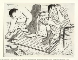 Mine And Toku Assemble Cots, Tanforan Assembly Center, San Bruno, California, 1942 — Miné Okubo