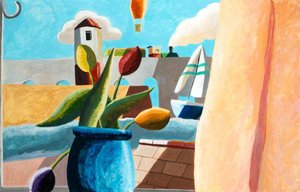 View of a Lighthouse, Boat and Balloon with Tulips in a Vase in the Foreground