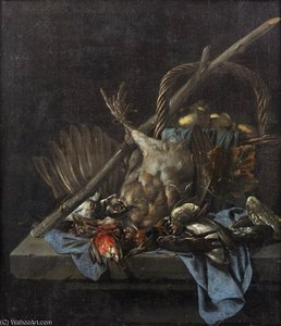 Dead Birds In A Basket On A Draped Stone Ledge