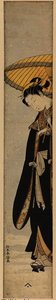 Young Woman In Black Coat Walking In Snow With An Umbrella — Suzuki Harunobu