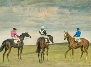 At The Half Mile, Newmarket, Three Runners — Sir Alfred James Munnings, Impressionistic Landscape