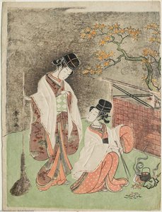 Women Dressed As Palace Attendants Burning Leaves To Heat Sake — Suzuki Harunobu