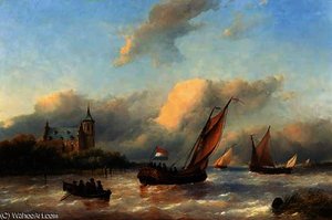 A royal barge on a choppy river with slot loevestein in the background