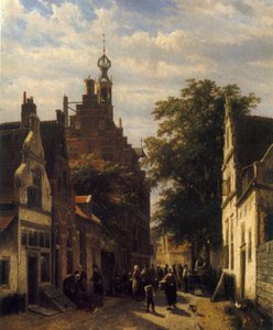Figures In A Street In Delft — Cornelis Springer