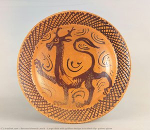 Large Dish With Griffon Design In Trailed Slip, Galena Glaze — Bernard Howell Leach, Mingei Movement