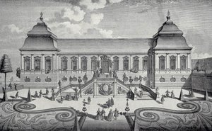 Prospect of garden-building, including a set with all sorts of musical statues stairs