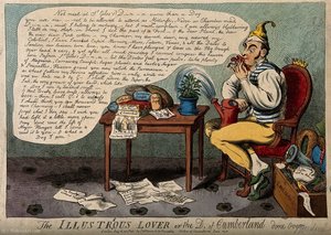A foolish man kissing a ribbon and surrounded by sentimental