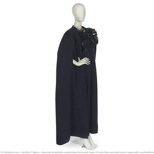 Evening Ensemble Comprising Dress And Cape Of Navy Blue Worsted Wool Crepe With Coq Feathers — Pauline Trigère, Contemporary Haute Couture