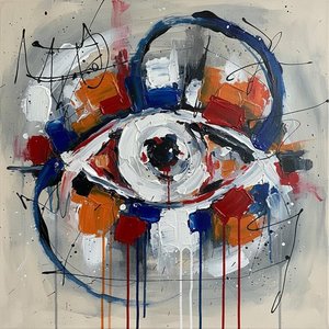 The Primordial Eye Enclosed Within A Chaotic Orbit Of Blue And Crimson — Christian Noiret, Contemporary Abstract Painting
