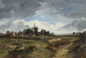 Landscape With Sheep And Windmill — George Hornblower Simms, Impressionism