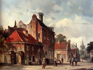 View Of Town With Figures In A Sunlit Street — Adrianus Eversen