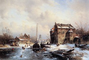 Winterlandscape With Frozen Canal Sun — Charles Henri Joseph Leickert