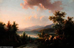A Wooded Hilly Landscape With Travellers On A Track Near A Lake — Willem De Klerk