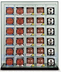 Encased - Five Rows (6 Spalding Scottie Pippen Basketballs, 6 Spalding Shaq Attaq Basketballs, 6 Wilson Supershot Basketballs, 6 Wilson Supershot Basketballs, 6 Franklin 6034 Soccerballs) — Jeff Koons