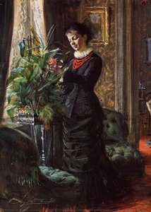 Portrait Of Fru Lisen Samson, Nee Hirsch, Arranging Flowers At A Window — Anders Leonard Zorn