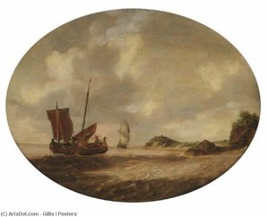 A coastal landscape with a small ship and a man-o'-war on choppy waters