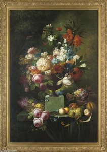 Parrot Tulips, Chrysanthemums, Roses, Corn Flowers, Lilies And Narcissus In An Urn, With Fruit In Wicker Baskets And On A Platter To The Side, On A Stone Ledge — Thomas George Webster