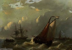 Dutch vessels on choppy waters by a coast