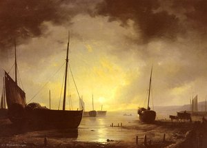 Adrianus van Beached fishing Boats by Moonilight