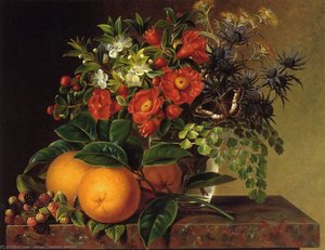 Thistle, Echinops, Myrtle in a Glass Vase with Oranges, Blackberries and a Butterfly no a Brown Marble Ledge