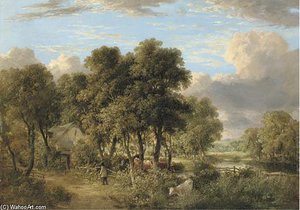 On The Yare - A Wooded River Landscape With Cattle, A Figure And A Cottage — James Stark