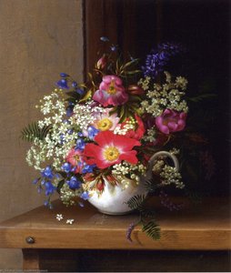Still Life With Dog Roses, Larkspur And Bell Flowers In A White Cup — Adelheid Dietrich