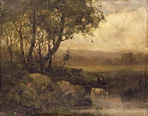 Untitled (landscape, riverbank, three cows)