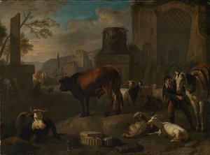 Cows, Goats And A Man With His Horse Between Roman Ruines — Pieter Van Bloemen