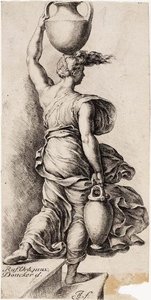 Woman with a water jug, seen from the back.