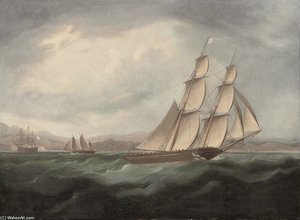 A Brig Running Under Full Sail In The Mediterranean — Thomas Buttersworth